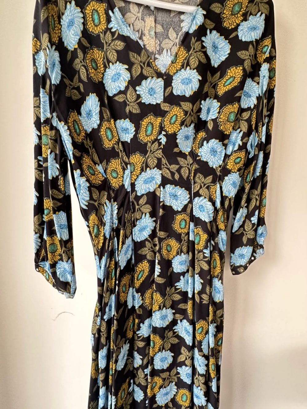Sandro Black Midi Dress with Blue and Gold Floral Print